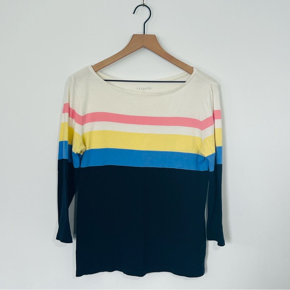 Talbots Gorgeous Multi Color Striped 3/4 Sleeve Pullover Casual Boat Neck Size M